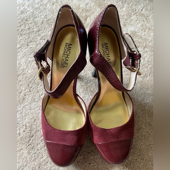 Michael Kors Burgundy Deep Red Patent Leather & Suede Maryjane Heels - Picture 4 of 9